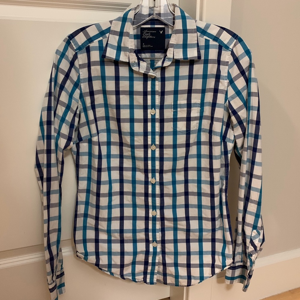 AE Purple Plaid Poplin Button Down Shirt S Small